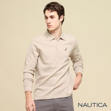 Nautica男裝 跳色LOGO素面長袖POLO衫-杏色