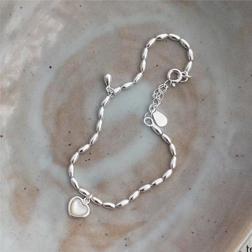 渡川醬2023春款輕奢氣質925純銀白貝母愛心米粒手鏈手環女水滴ins