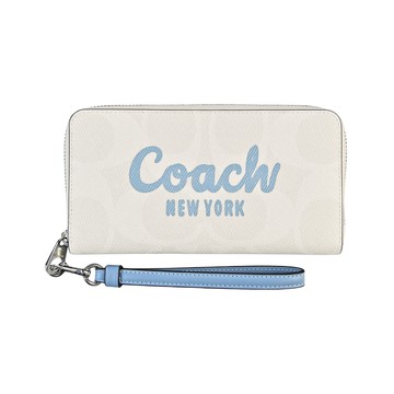 COACH蘭風鈴色美式校園風LOGO燙印白堊色C LOGO PVC手掛拉鍊長夾