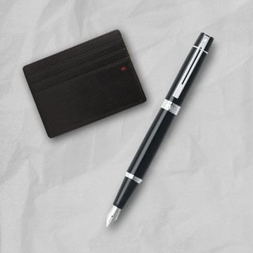 【SHEAFFER】300系列黑桿銀夾鋼筆-F尖+經典卡夾禮盒 免費刻字
