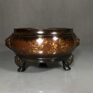 老件紫銅灑金煙柳書堂款高9*20*13.6公分2.5公斤虎頭香爐擺件