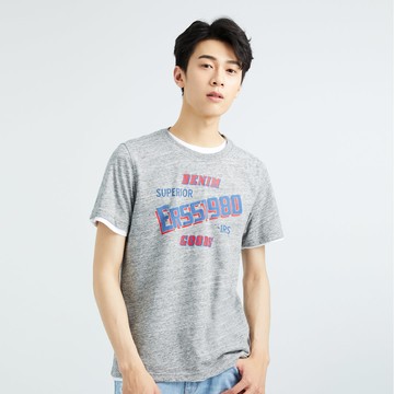 經典藍白紅美式印花純棉T(淺灰色)-男