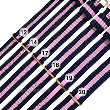 Watchband / DW 各品牌通用 鍍玫瑰金不鏽鋼扣頭 尼龍錶帶 藍x粉