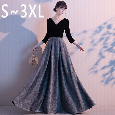 ロングドレス 母親 結婚式 発表会 袖付き パーティードレス お呼ばれドレス ブラック Aライン5分袖深いvネック 通販 Lineポイント最大get Lineショッピング