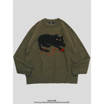 稚成人online 黑貓印花毛衣女春秋復古慵懶風百搭針織衫情侶毛衣