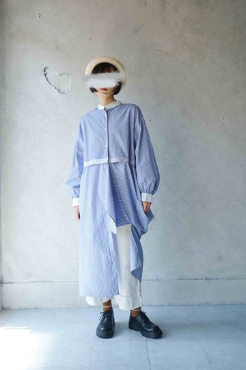 尋寶古著-藍白直紋兩穿法超長版立體剪裁襯衫洋裝