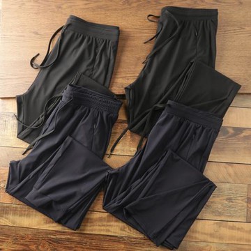 超薄細滑冰絲面料外貿男裝工廠剪標尾貨黑色松緊腰戶外休閑運動褲