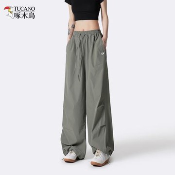 啄木鳥美式闊腿運動褲女生休閑復古傘兵工裝褲夏季薄款寬松空氣褲