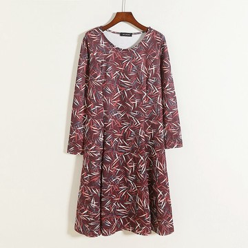 圓領印花長袖連衣裙 女士秋季新款寬松中長款套頭休閑裙子I/17底