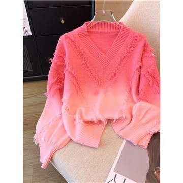 超好看新品漸變色V領流蘇設計感針織衫女毛衣秋冬新款慵懶風毛衣