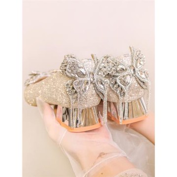 主婚紗秀禾兩穿粗跟婚鞋中跟水晶新娘鞋孕婦可穿2024新款訂婚鞋