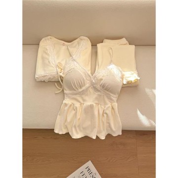 露思同款雙面海島絨睡衣女秋冬季2025新款純欲帶胸墊三件套家居服