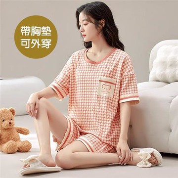 【韓國K.W.】韓國空運純繪心動涼爽有胸墊棉短袖睡衣套裝(套裝/棉麻/家居套裝/小香風/涼感)