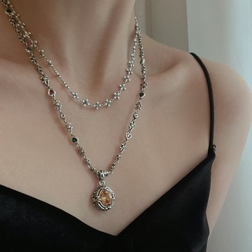 4.24小寶S925純銀彩鋯圓珠十字花項鏈女輕奢小眾設計感高級冷淡風