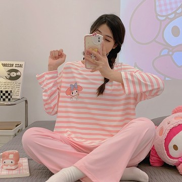 ✨台灣出貨✨女生睡衣長袖 可愛睡衣女春秋季甜美卡通條紋圓領長袖套裝寬鬆學生傢居服可外穿