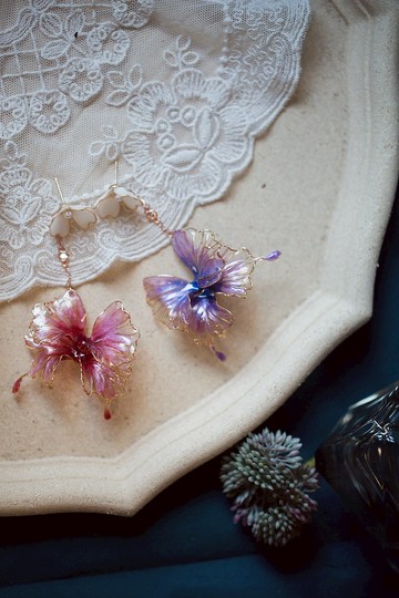 如蝶翩翩 蝴蝶晶透水晶花樹脂耳環 純銀耳針/耳夾 單支