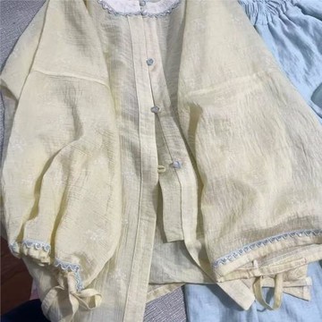 橘滿滿-薄荷檸檬 原創奶黃圓領圓領漢服薄荷亞麻長褲