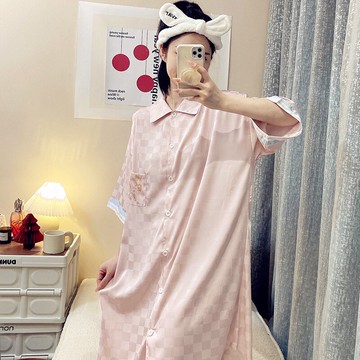 冰雪絲夏季短袖睡衣女甜美開衫睡裙寬松大碼可愛薄款家居服連衣裙