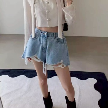 CHILL現貨 FSY韓國抽鬚牛仔短褲 中高腰短褲 女生熱褲 顯瘦 顯腿長 寬鬆 牛仔短褲 預購