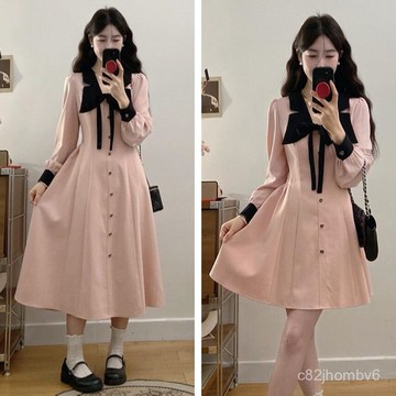 大碼法式連衣裙裙子粉色女裝春秋季胖妹妹襯衫高級感中長長袖氣質