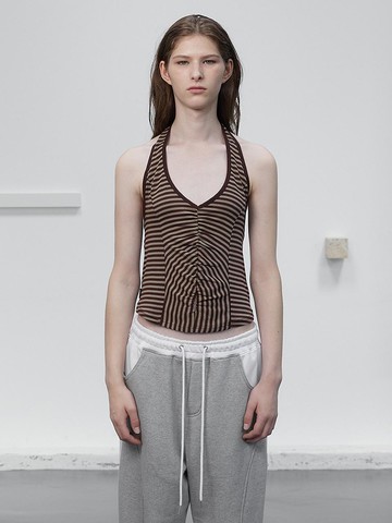 STRIPE HALTER NECK SLEEVELESS TANK [BROWN]
