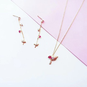 S925純銀鍍18K金簡約魔卡少女櫻合作鳥頭款鎖骨鏈項鏈女耳釘耳飾