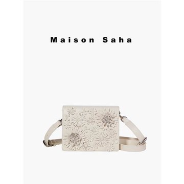 [禮物]Maison Saha原創小眾時尚白色花朵真皮豎版小方包