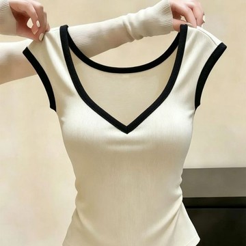 輕奢感背心 上衣 背心 無袖打底衫【487#M-4XL/1色】夏季百搭拼接薄款透氣輕奢感洋氣無袖V領女T恤潮 女裝