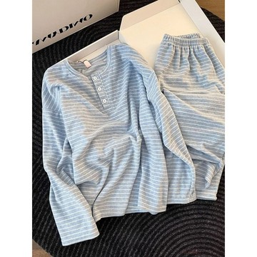 睡衣女秋冬季簡約高級感保暖德絨休閒長袖條紋少女家居服套裝女生睡衣 可愛睡衣 卡通睡衣 居家睡衣  休閒睡衣 寬鬆睡衣