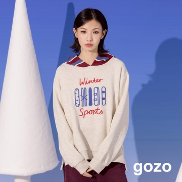 【gozo】滑雪板繡花拼接條紋針織帽T(淺灰/深灰_F) | 女裝 連帽 休閒