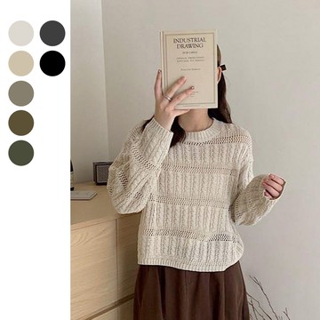 圓領鏤空洞洞麻花薄針織上衣 透膚上衣 鏤空針織衫 針織長袖 罩衫 寬鬆短版上衣【N6CYC8025】