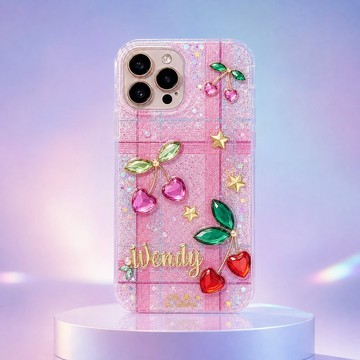 QQ 車釐子/櫻桃與粉色格紋客製化 iPhone/手機殼 | 附亮粉・水鑽