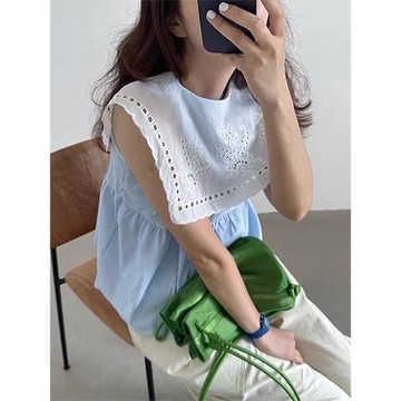 韓國chic夏季減齡穿搭圓領無袖條紋娃娃衫拼接鉤花鏤空大翻領襯衫