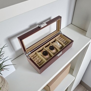 3格手錶收藏盒 戒指收納 方型扣鎖 白蠟木皮 腕錶收藏盒 實木質感 - 深棕x卡其色 ＃854-A115-ASHKI
