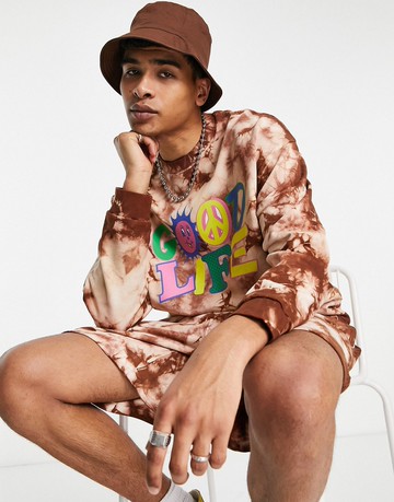 ASOS DESIGN co-ord oversized sweatshirt in brown tie dye with positive text print