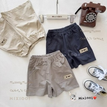 🌈✨mix1001 日系休閒ONG標籤短褲✨兒童純色字母標車標棉褲 5-17