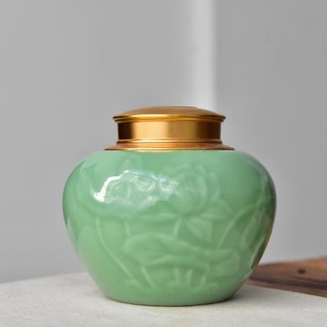 龍泉青瓷大號茶葉罐 陶瓷家用儲茶罐金屬密封防潮儲物罐 手工精品