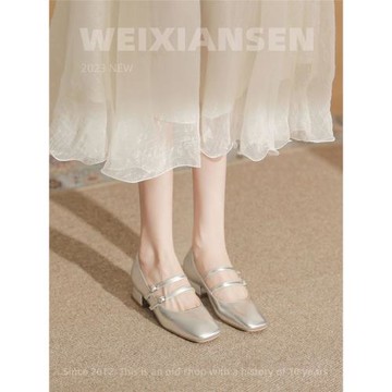 低跟單鞋女3CM粗跟銀色高跟鞋女溫柔仙女風小皮鞋 復古瑪麗珍女鞋