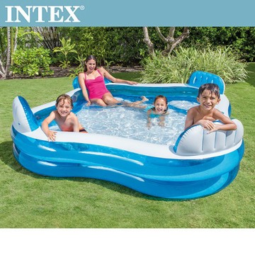 【INTEX】藍色透明有靠墊戲水游泳池/泳池/充氣泳池/兒童泳池/戲水池/遊戲池 (990L)適用3歲+(56475N)