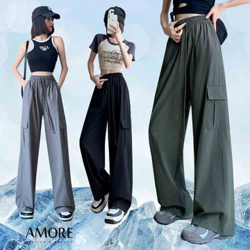AM艾莫兒 夏日韓版冰絲涼感工裝褲
