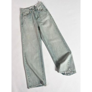 花匣子牛仔褲59328休閑寬松直筒毛邊復古水洗淺色闊腿褲女2025