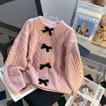 【砂糖夢境】蝴蝶結毛衣外套女春秋新款復古日系慵懶麻花軟糯外穿上衣開衫