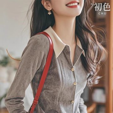 初色 法式絨面撞色假兩件襯衫長袖修身顯瘦上衣-灰色-38790(M-2XL可選)
