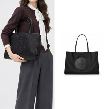 TORY BURCH ELLA 經典立體LOGO尼龍托特包(小/黑)