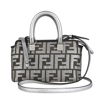 FENDI By The Way銀色繡線雙F LOGO滿版緹花設計帆布拉鍊手提斜背包(迷你/米x深棕x銀灰)