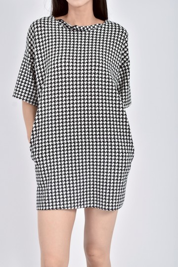 (L) us kisser質感小香風短袖千鳥格口袋設計黑色洋裝