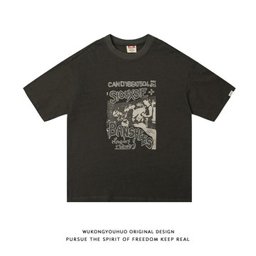 悟空有貨復古人像印花短袖T恤歐美潮牌嘻哈寬松情侶休閑短tee男女