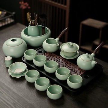 輕奢汝窯功夫茶具套裝家用客廳中式茶盤復古汝瓷側把壺蓋碗茶葉罐