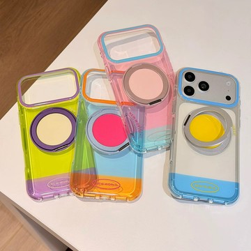ins夏日高透感拼圖撞色360度旋轉一體支架磁吸殼 iphone17手機殼16 15 蘋果防摔保護殼 簡約設計