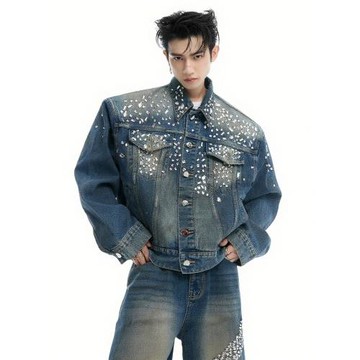 歐美高級感重工復古細閃鑲鉆墊肩廓形牛仔外套男款夾克牛仔褲套裝